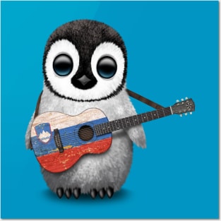 Baby Penguin Playing Slovenian Flag Guitar Posters and Art
